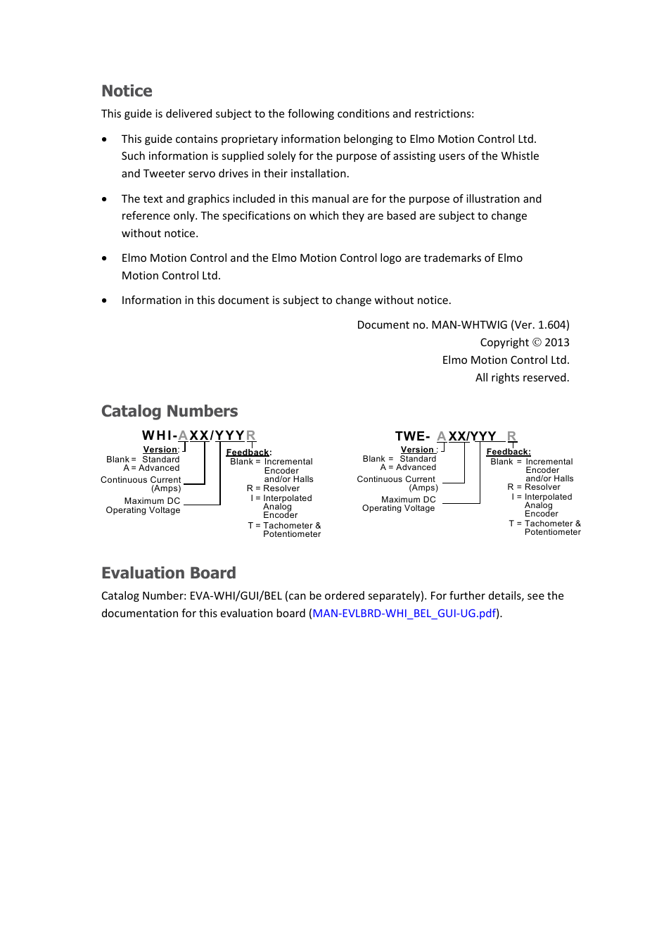 Notice, Catalog numbers, Evaluation board | ElmoMC SimplIQ Digital Servo Drives-Whistle Installation Guide User Manual | Page 2 / 71