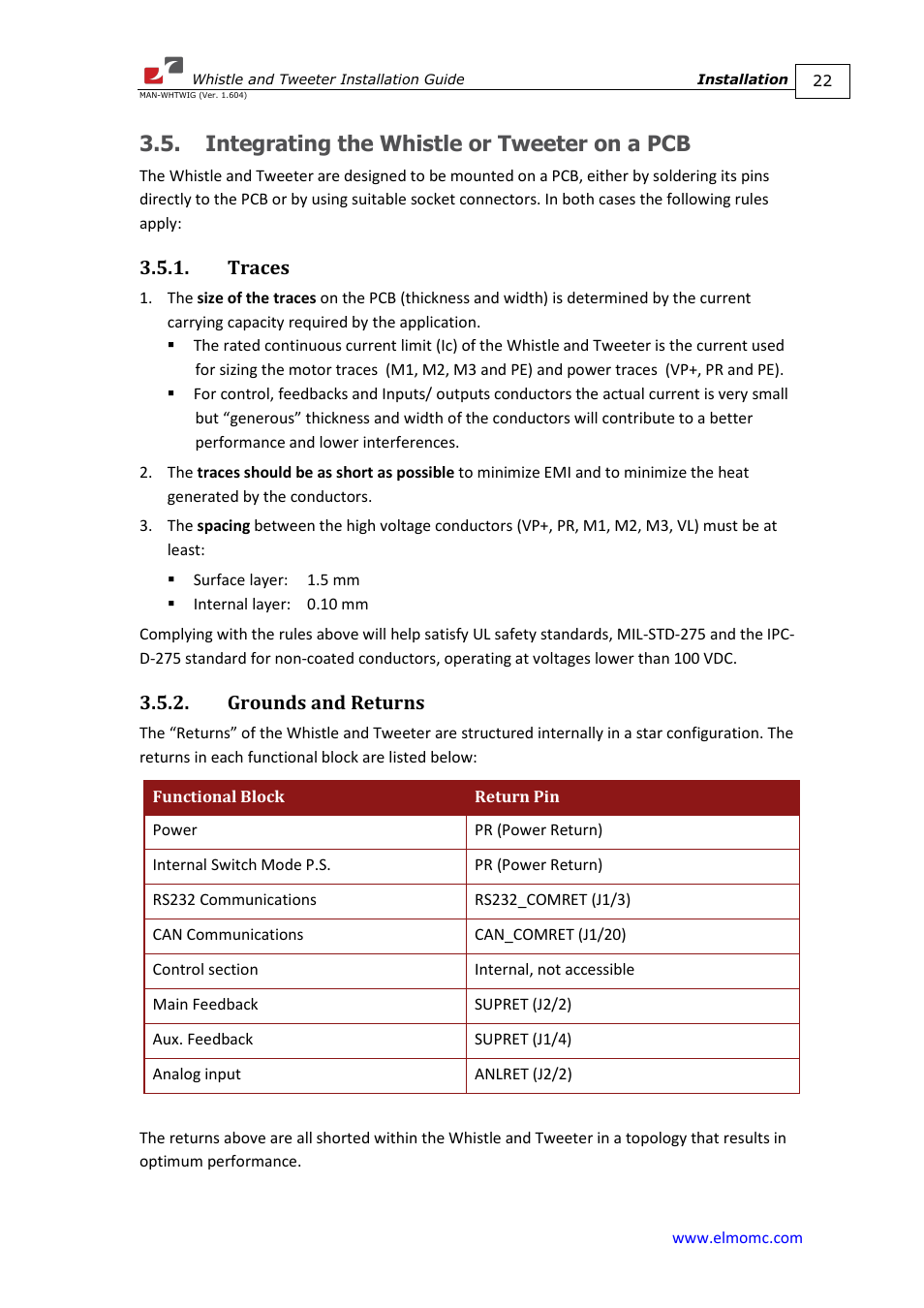 Integrating the whistle or tweeter on a pcb, Traces, Grounds and returns | Traces 3.5.2. grounds and returns | ElmoMC SimplIQ Digital Servo Drives-Whistle Installation Guide User Manual | Page 22 / 71