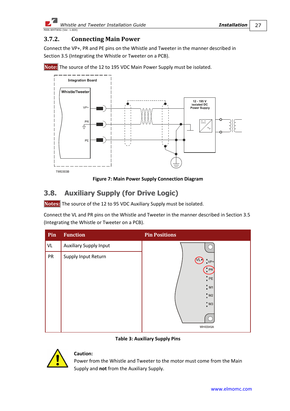 Connecting main power, Auxiliary supply (for drive logic) | ElmoMC SimplIQ Digital Servo Drives-Whistle Installation Guide User Manual | Page 27 / 71