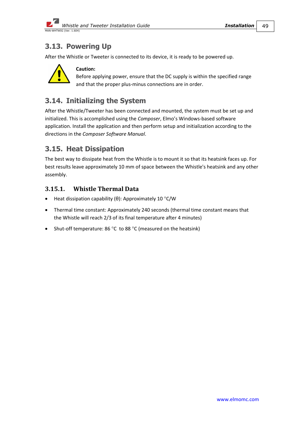 Powering up, Initializing the system, Heat dissipation | Whistle thermal data | ElmoMC SimplIQ Digital Servo Drives-Whistle Installation Guide User Manual | Page 49 / 71