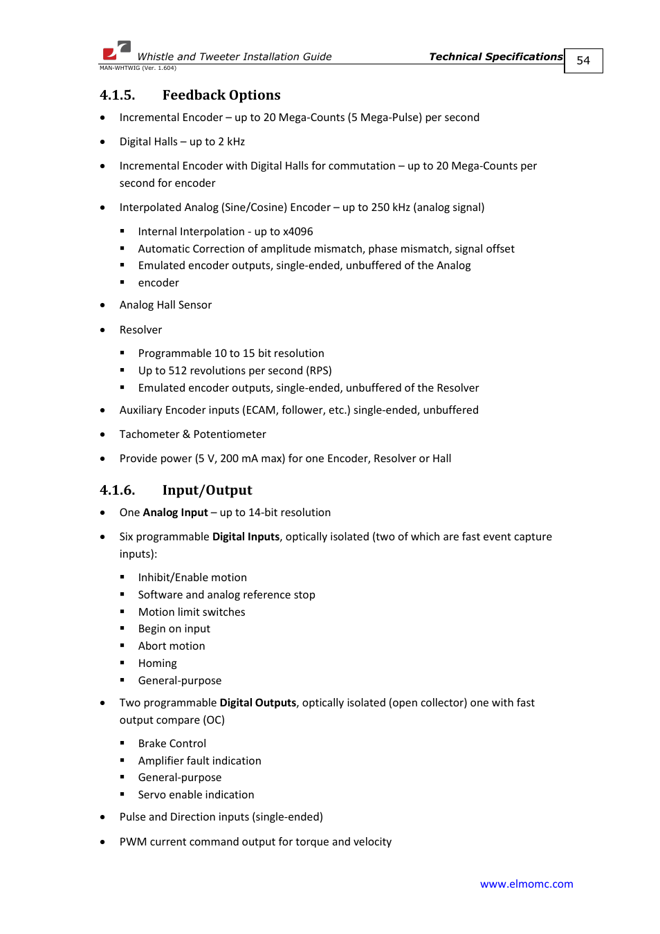Feedback options, Input/output, Feedback options 4.1.6. input/output | ElmoMC SimplIQ Digital Servo Drives-Whistle Installation Guide User Manual | Page 54 / 71