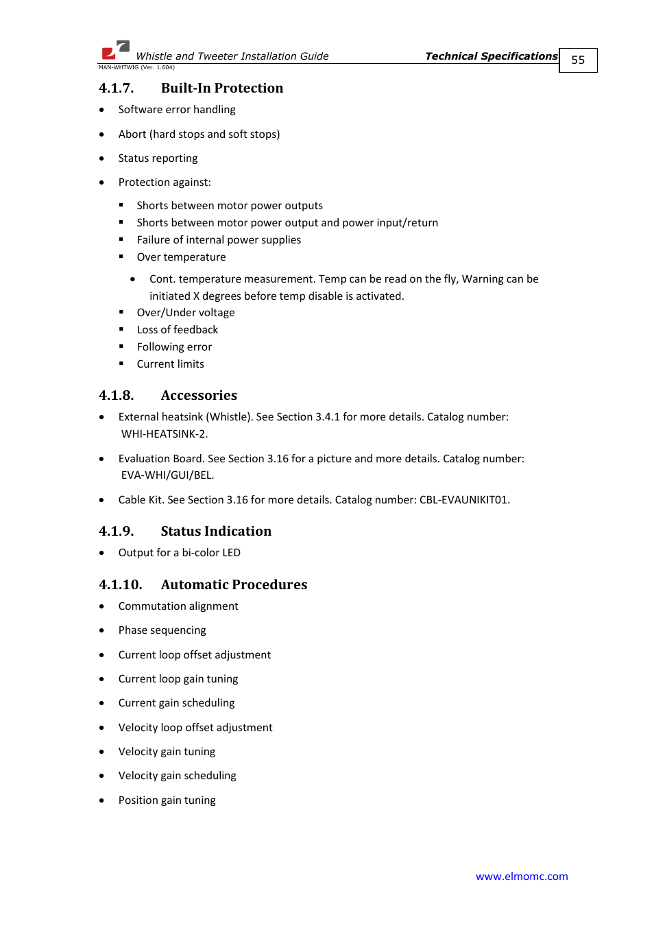 Built-in protection, Accessories, Status indication | Automatic procedures | ElmoMC SimplIQ Digital Servo Drives-Whistle Installation Guide User Manual | Page 55 / 71