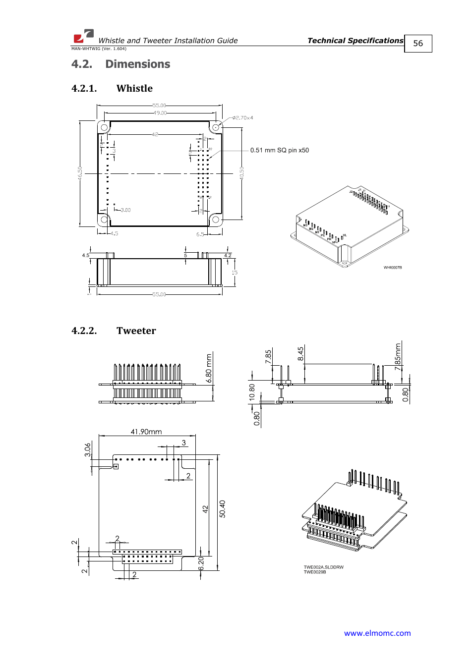 Dimensions, Whistle, Tweeter | Whistle 4.2.2. tweeter | ElmoMC SimplIQ Digital Servo Drives-Whistle Installation Guide User Manual | Page 56 / 71