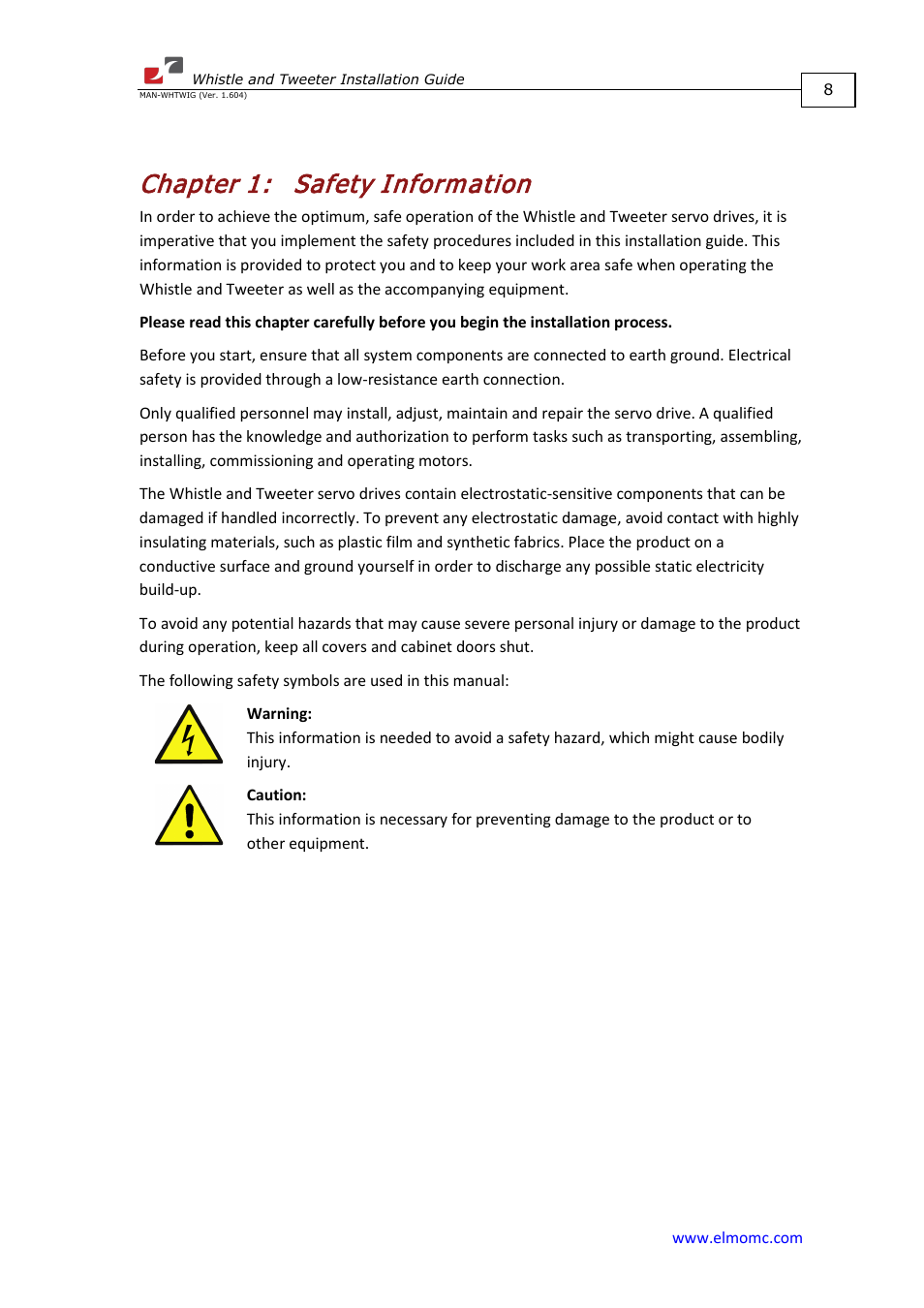 Chapter 1: safety information, Chapter 1, Safety information | ElmoMC SimplIQ Digital Servo Drives-Whistle Installation Guide User Manual | Page 8 / 71