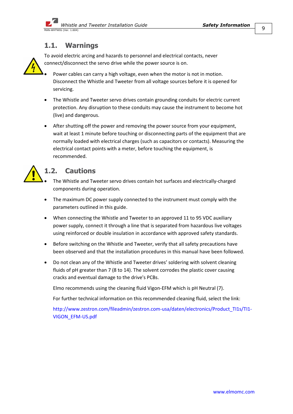 Warnings, Cautions, Warnings 1.2. cautions | ElmoMC SimplIQ Digital Servo Drives-Whistle Installation Guide User Manual | Page 9 / 71