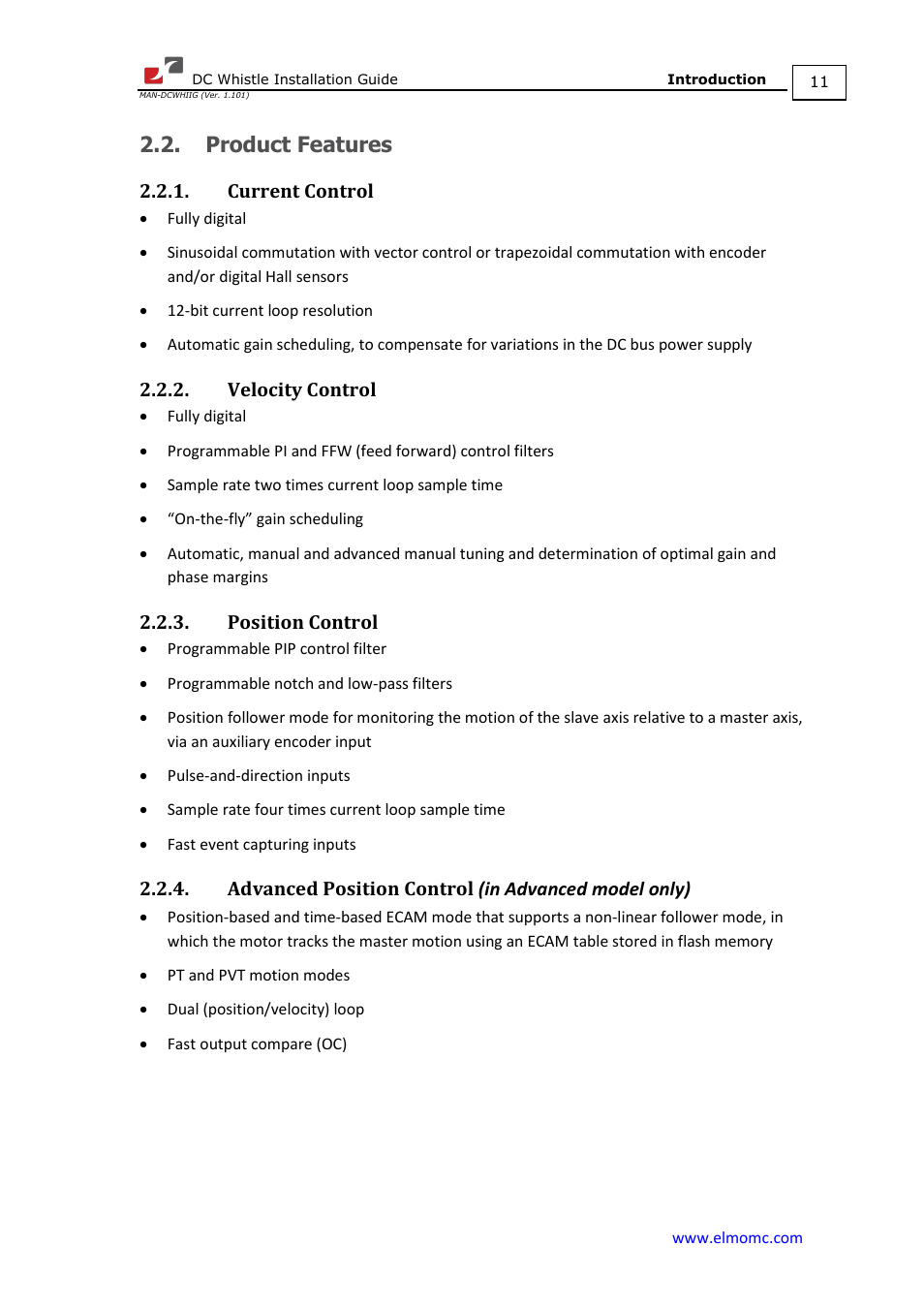Product features, Current control, Velocity control | Position control, Advanced position control (in advanced model only) | ElmoMC SimplIQ Digital Servo Drives-Whistle DC Installation Guide User Manual | Page 11 / 75