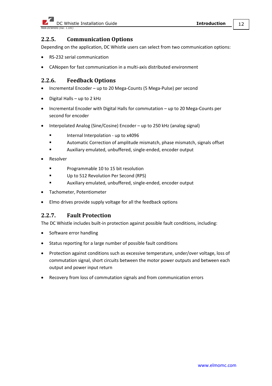 Communication options, Feedback options, Fault protection | ElmoMC SimplIQ Digital Servo Drives-Whistle DC Installation Guide User Manual | Page 12 / 75