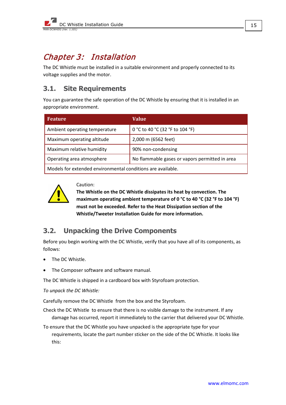 Chapter 3: installation, Site requirements, Unpacking the drive components | Chapter 3, Installation | ElmoMC SimplIQ Digital Servo Drives-Whistle DC Installation Guide User Manual | Page 15 / 75