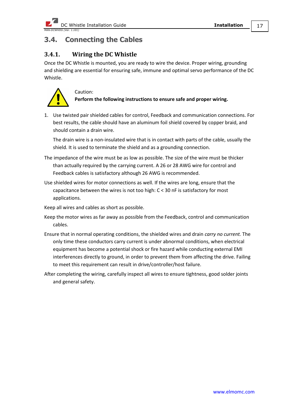Connecting the cables, Wiring the dc whistle | ElmoMC SimplIQ Digital Servo Drives-Whistle DC Installation Guide User Manual | Page 17 / 75