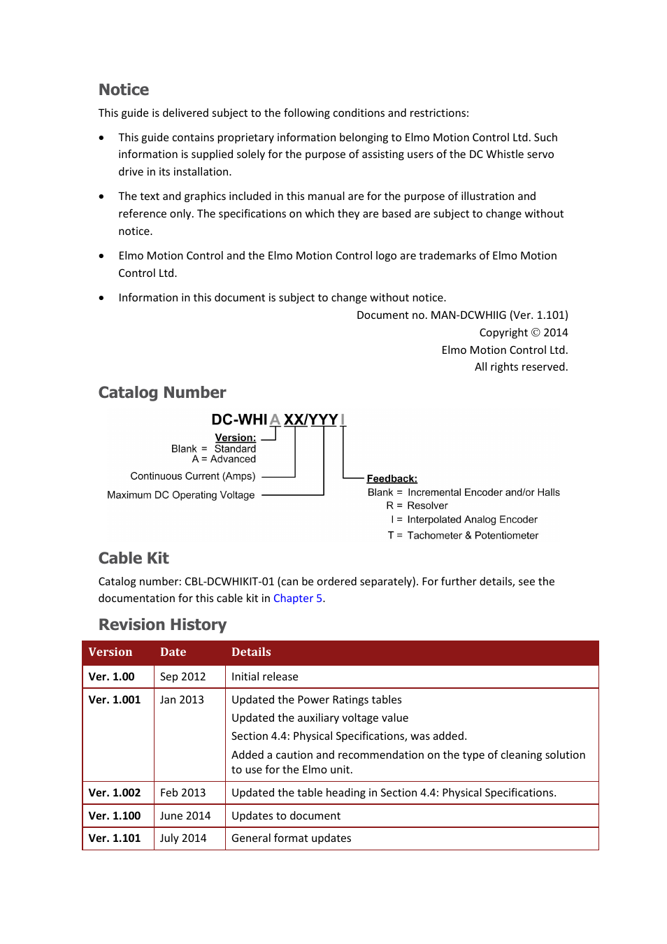 Notice, Catalog number, Cable kit | Revision history | ElmoMC SimplIQ Digital Servo Drives-Whistle DC Installation Guide User Manual | Page 2 / 75