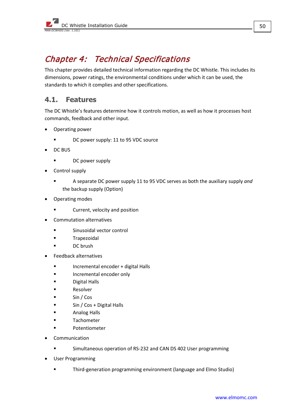 Chapter 4: technical specifications, Features, Chapter 4 | Technical specifications | ElmoMC SimplIQ Digital Servo Drives-Whistle DC Installation Guide User Manual | Page 50 / 75