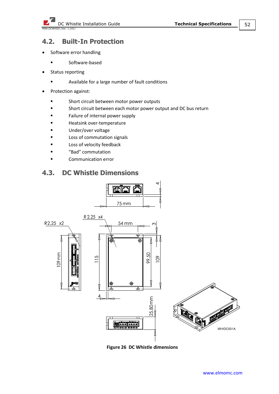 Built-in protection, Dc whistle dimensions, Built-in protection 4.3. dc whistle dimensions | ElmoMC SimplIQ Digital Servo Drives-Whistle DC Installation Guide User Manual | Page 52 / 75