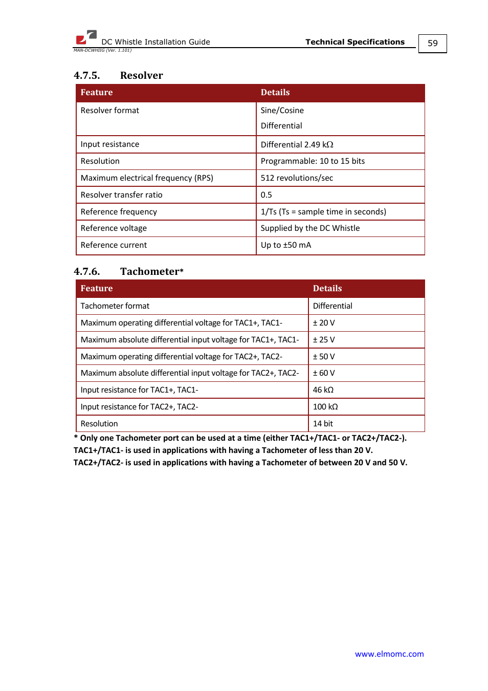 Resolver, Tachometer, Resolver 4.7.6. tachometer | ElmoMC SimplIQ Digital Servo Drives-Whistle DC Installation Guide User Manual | Page 59 / 75