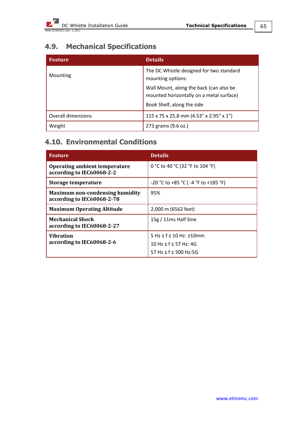 Mechanical specifications, Environmental conditions | ElmoMC SimplIQ Digital Servo Drives-Whistle DC Installation Guide User Manual | Page 65 / 75