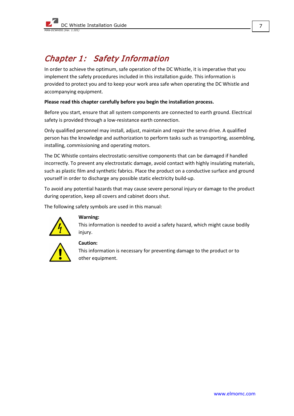 Chapter 1: safety information, Chapter 1, Safety information | ElmoMC SimplIQ Digital Servo Drives-Whistle DC Installation Guide User Manual | Page 7 / 75