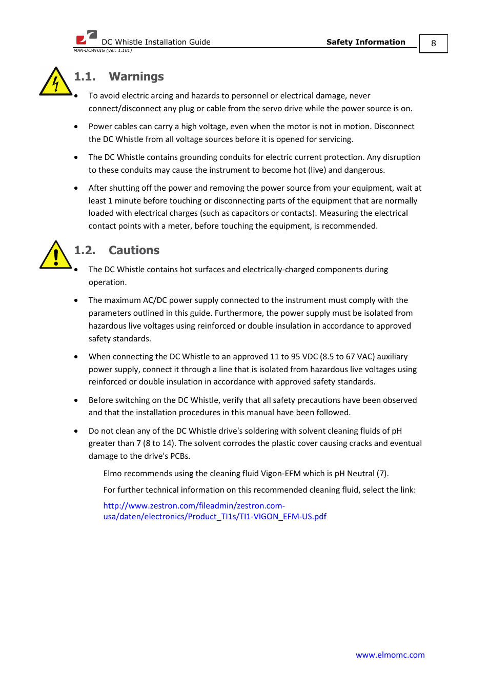 Warnings, Cautions, Warnings 1.2. cautions | ElmoMC SimplIQ Digital Servo Drives-Whistle DC Installation Guide User Manual | Page 8 / 75