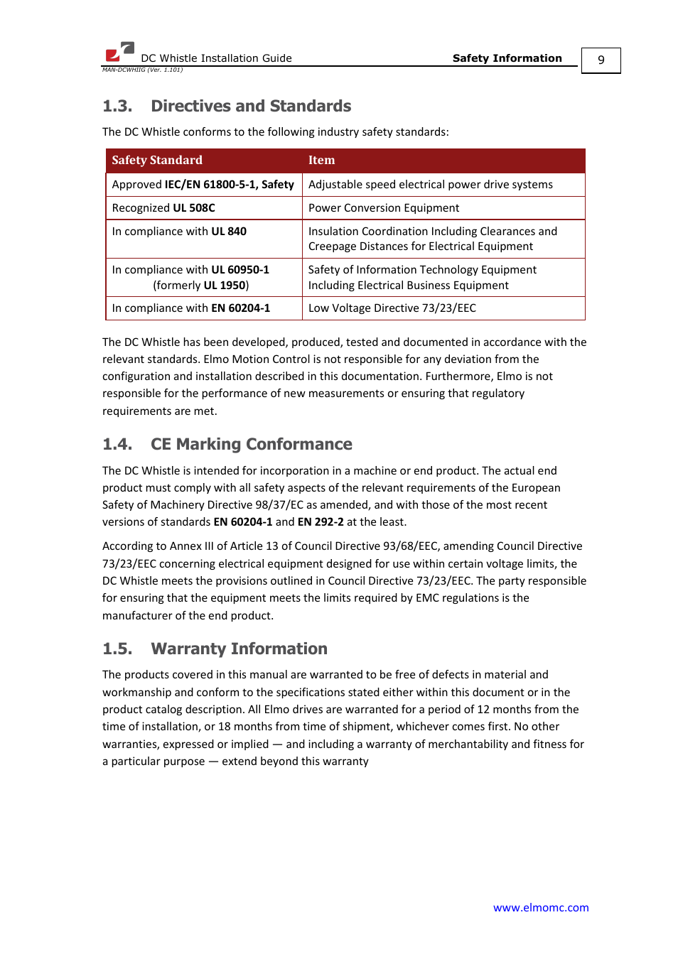 Directives and standards, Ce marking conformance, Warranty information | ElmoMC SimplIQ Digital Servo Drives-Whistle DC Installation Guide User Manual | Page 9 / 75