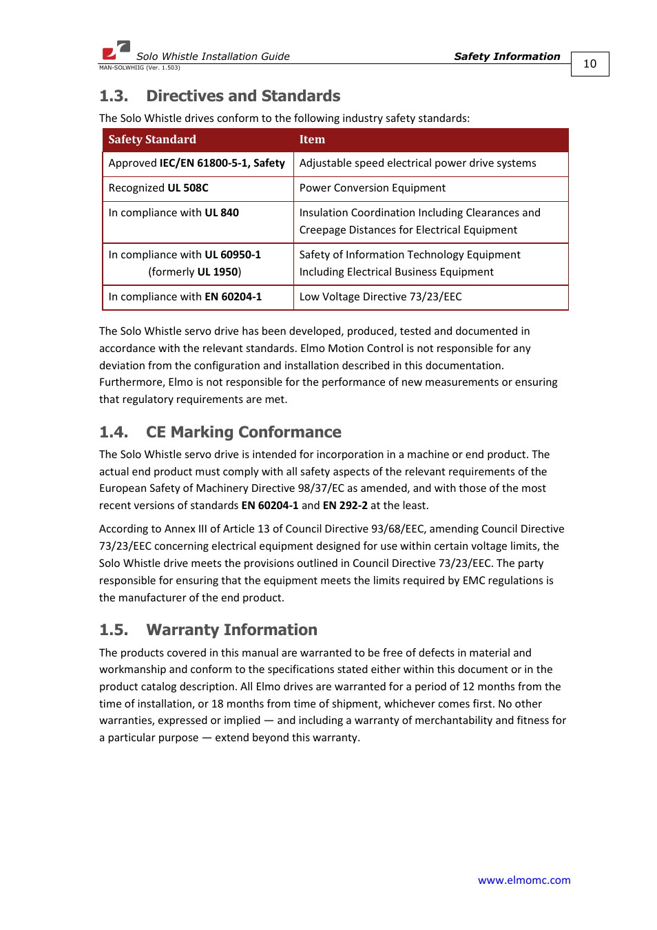 Directives and standards, Ce marking conformance, Warranty information | ElmoMC SimplIQ Digital Servo Drives-Whi-Solo Installation Guide User Manual | Page 10 / 69