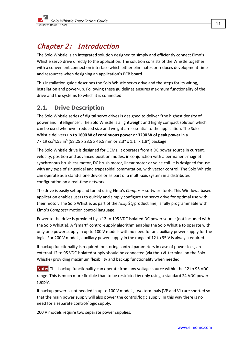 Chapter 2: introduction, Drive description, Chapter 2 | Introduction | ElmoMC SimplIQ Digital Servo Drives-Whi-Solo Installation Guide User Manual | Page 11 / 69