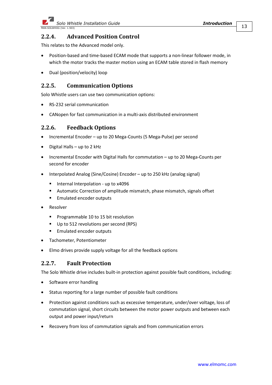 Advanced position control, Communication options, Feedback options | Fault protection | ElmoMC SimplIQ Digital Servo Drives-Whi-Solo Installation Guide User Manual | Page 13 / 69