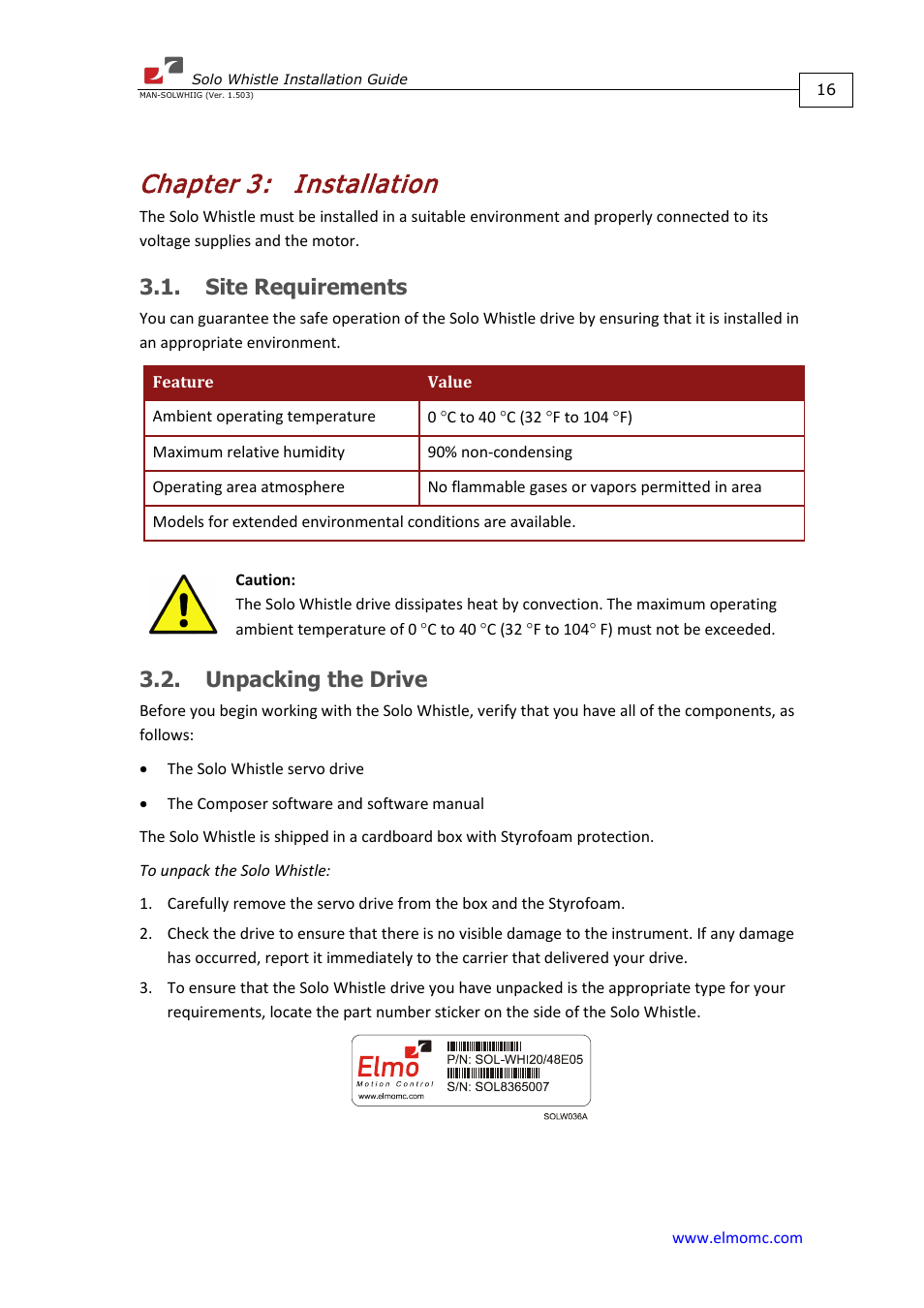 Chapter 3: installation, Site requirements, Unpacking the drive | Chapter 3, Installation, Site requirements 3.2. unpacking the drive | ElmoMC SimplIQ Digital Servo Drives-Whi-Solo Installation Guide User Manual | Page 16 / 69