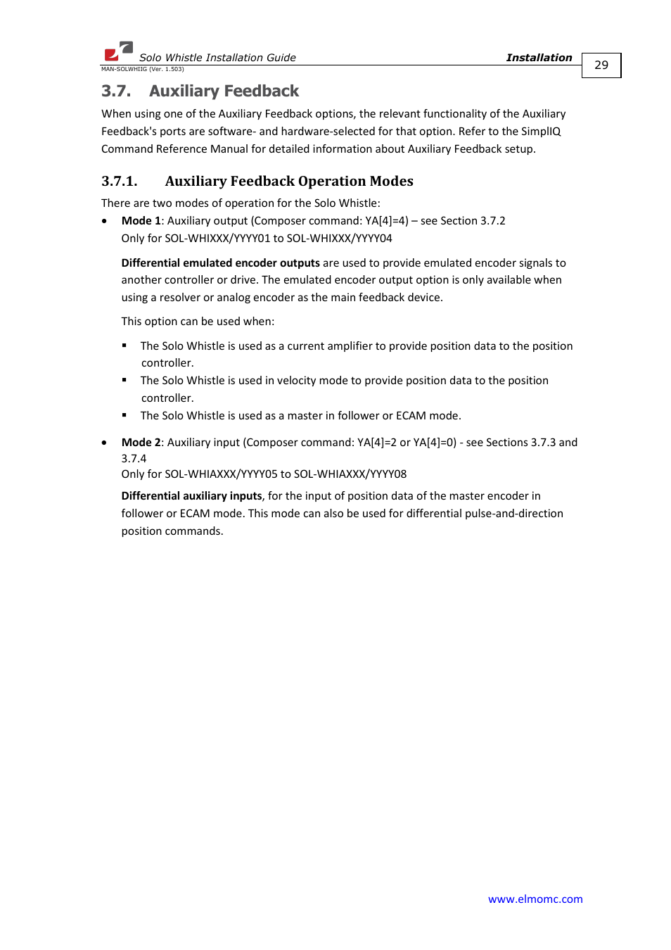 Auxiliary feedback, Auxiliary feedback operation modes, N 3.7.1 | ElmoMC SimplIQ Digital Servo Drives-Whi-Solo Installation Guide User Manual | Page 29 / 69