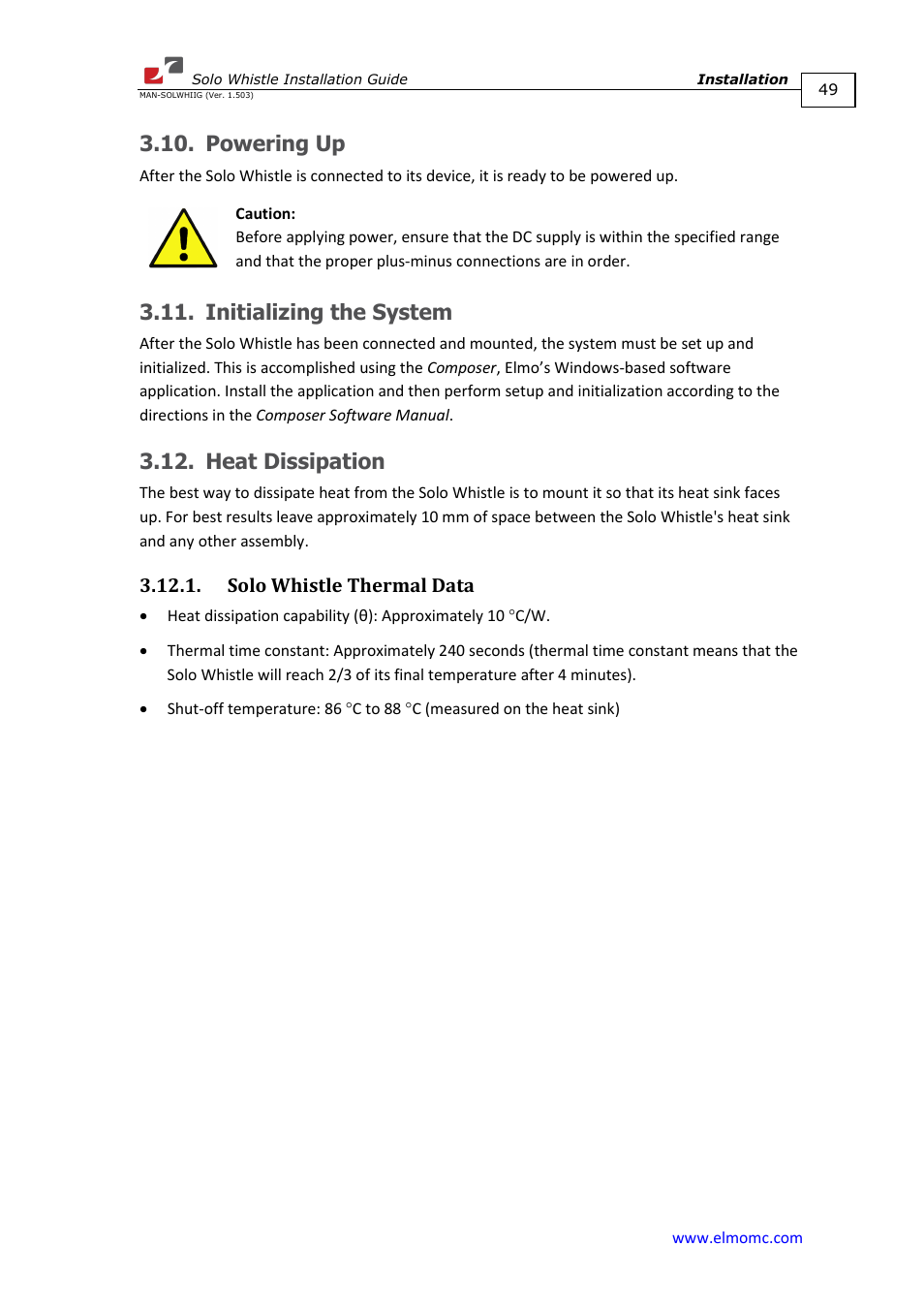 Powering up, Initializing the system, Heat dissipation | Solo whistle thermal data | ElmoMC SimplIQ Digital Servo Drives-Whi-Solo Installation Guide User Manual | Page 49 / 69