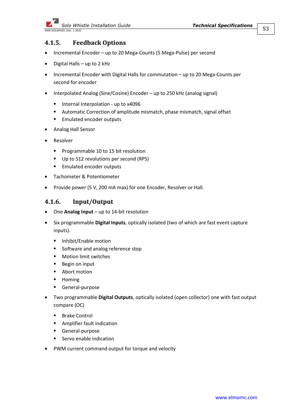 Feedback options, Input/output, Feedback options 4.1.6. input/output | ElmoMC SimplIQ Digital Servo Drives-Whi-Solo Installation Guide User Manual | Page 53 / 69