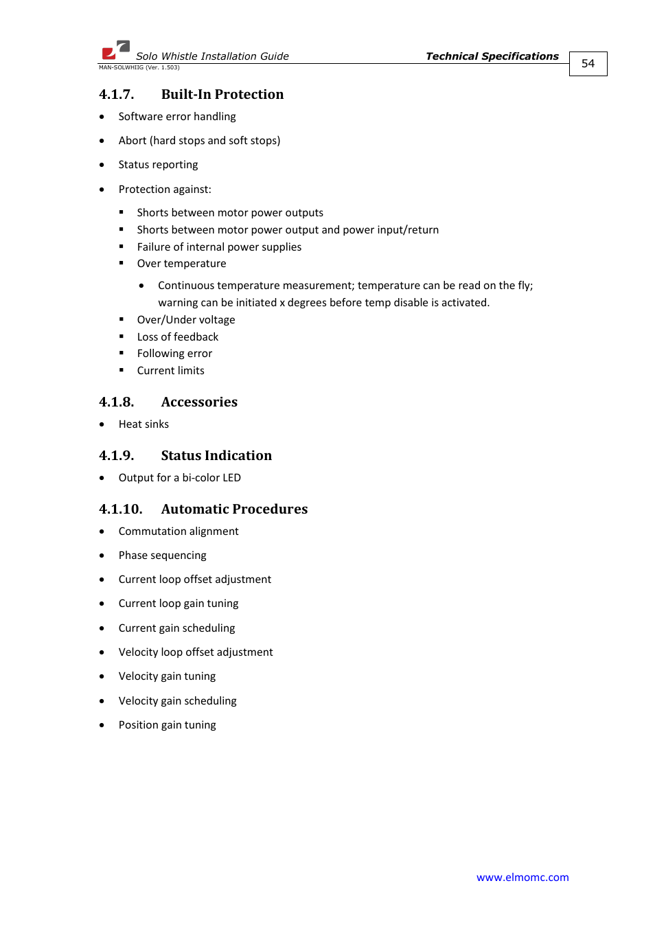 Built-in protection, Accessories, Status indication | Automatic procedures | ElmoMC SimplIQ Digital Servo Drives-Whi-Solo Installation Guide User Manual | Page 54 / 69