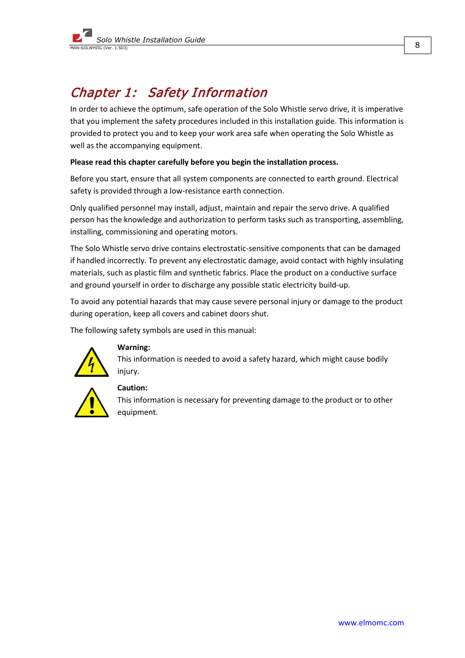 Chapter 1: safety information, Chapter 1, Safety information | ElmoMC SimplIQ Digital Servo Drives-Whi-Solo Installation Guide User Manual | Page 8 / 69