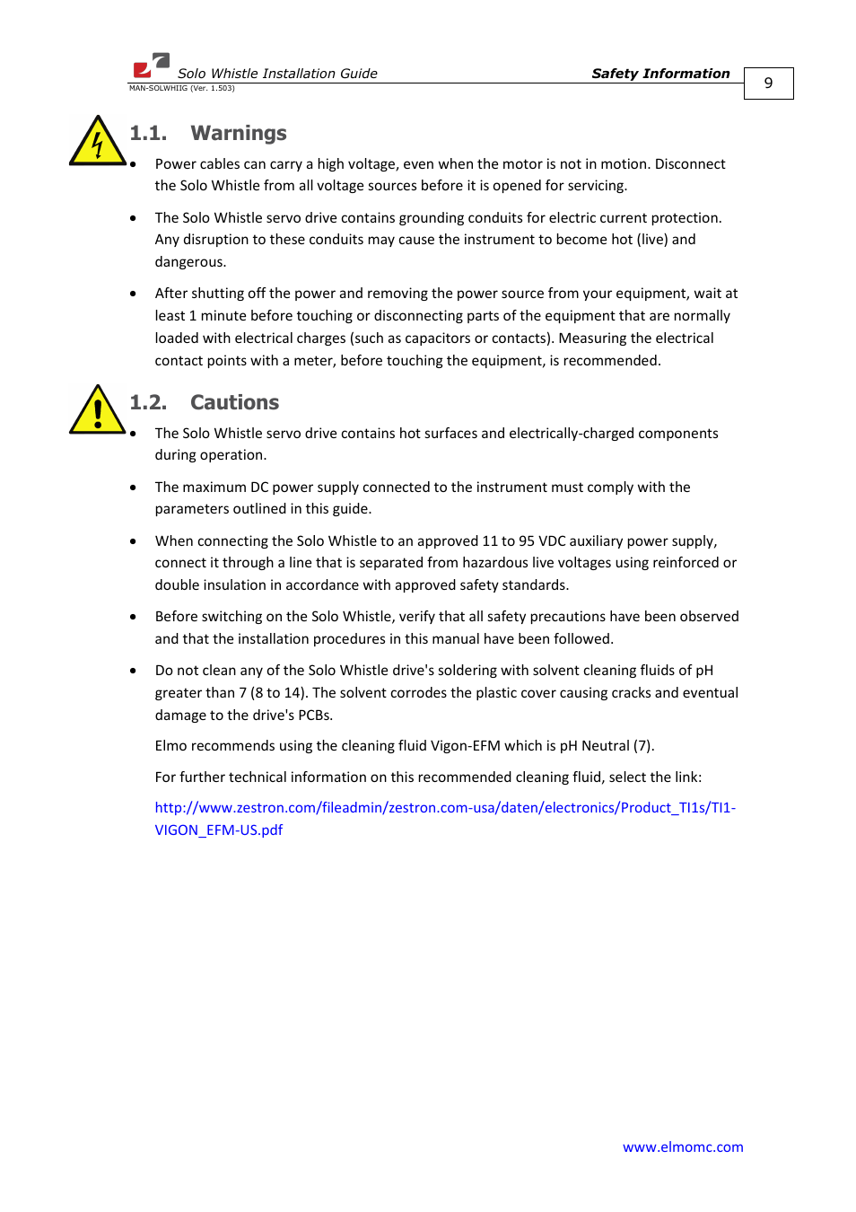 Warnings, Cautions, Warnings 1.2. cautions | ElmoMC SimplIQ Digital Servo Drives-Whi-Solo Installation Guide User Manual | Page 9 / 69