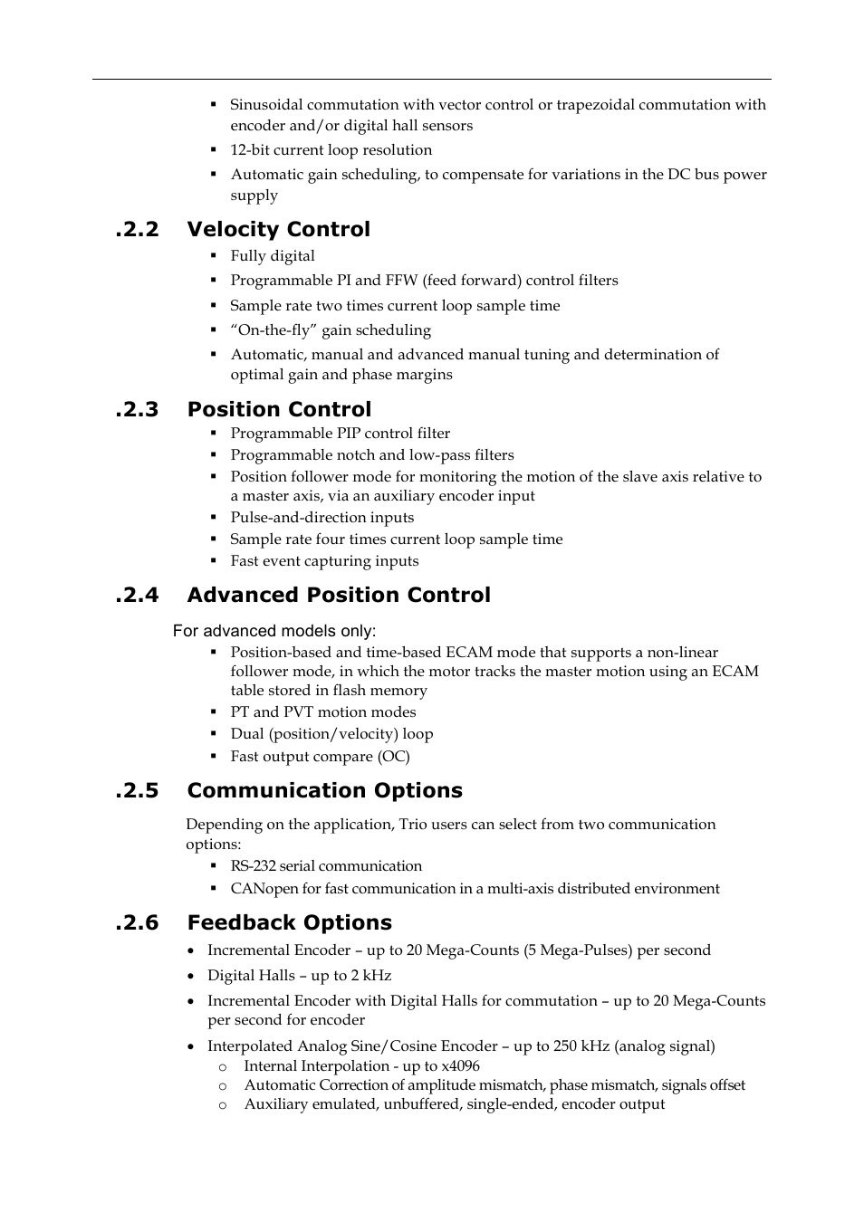 2 velocity control, 3 position control, 4 advanced position control | 5 communication options, 6 feedback options | ElmoMC SimplIQ Digital Servo Drives-Whi-Trio Installation Guide User Manual | Page 10 / 62
