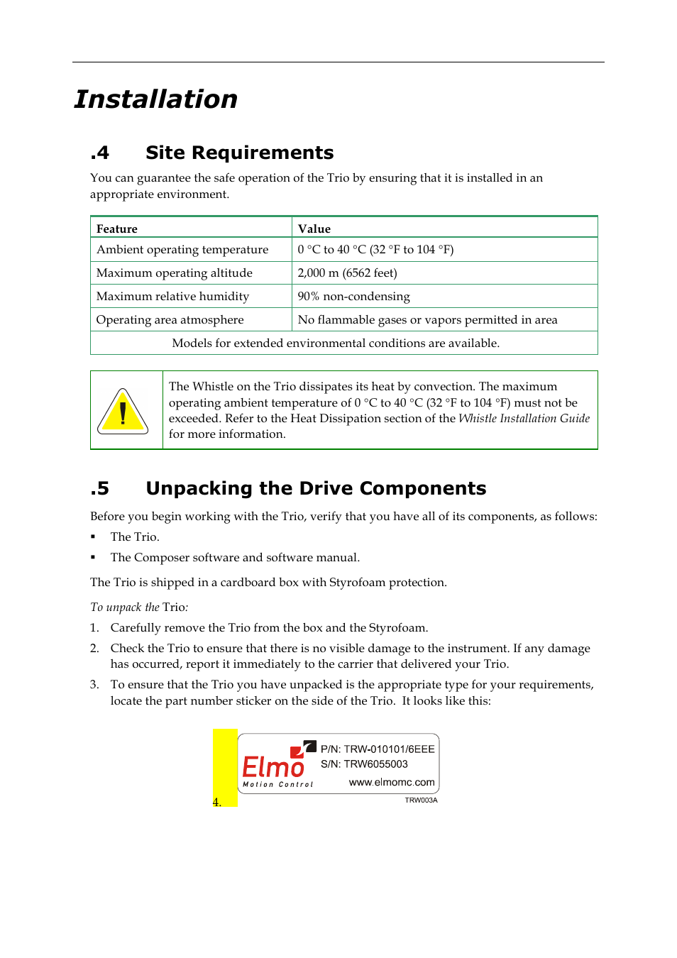 Installation, 4 site requirements, 5 unpacking the drive components | ElmoMC SimplIQ Digital Servo Drives-Whi-Trio Installation Guide User Manual | Page 13 / 62