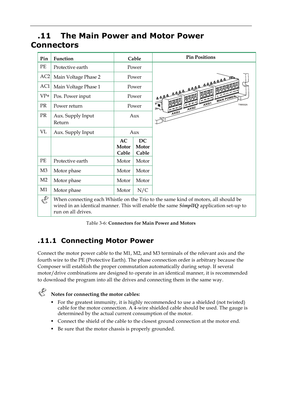 11 the main power and motor power connectors, 1 connecting motor power | ElmoMC SimplIQ Digital Servo Drives-Whi-Trio Installation Guide User Manual | Page 21 / 62