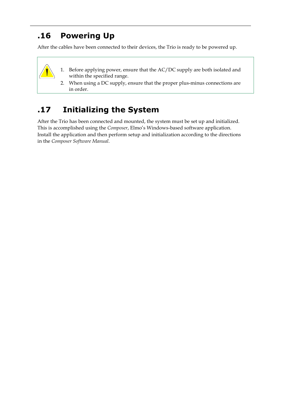 16 powering up, 17 initializing the system | ElmoMC SimplIQ Digital Servo Drives-Whi-Trio Installation Guide User Manual | Page 40 / 62