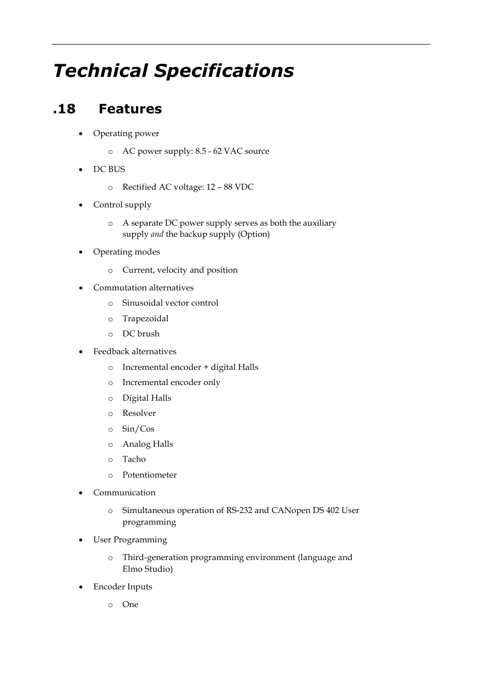 Technical specifications, 18 features | ElmoMC SimplIQ Digital Servo Drives-Whi-Trio Installation Guide User Manual | Page 41 / 62