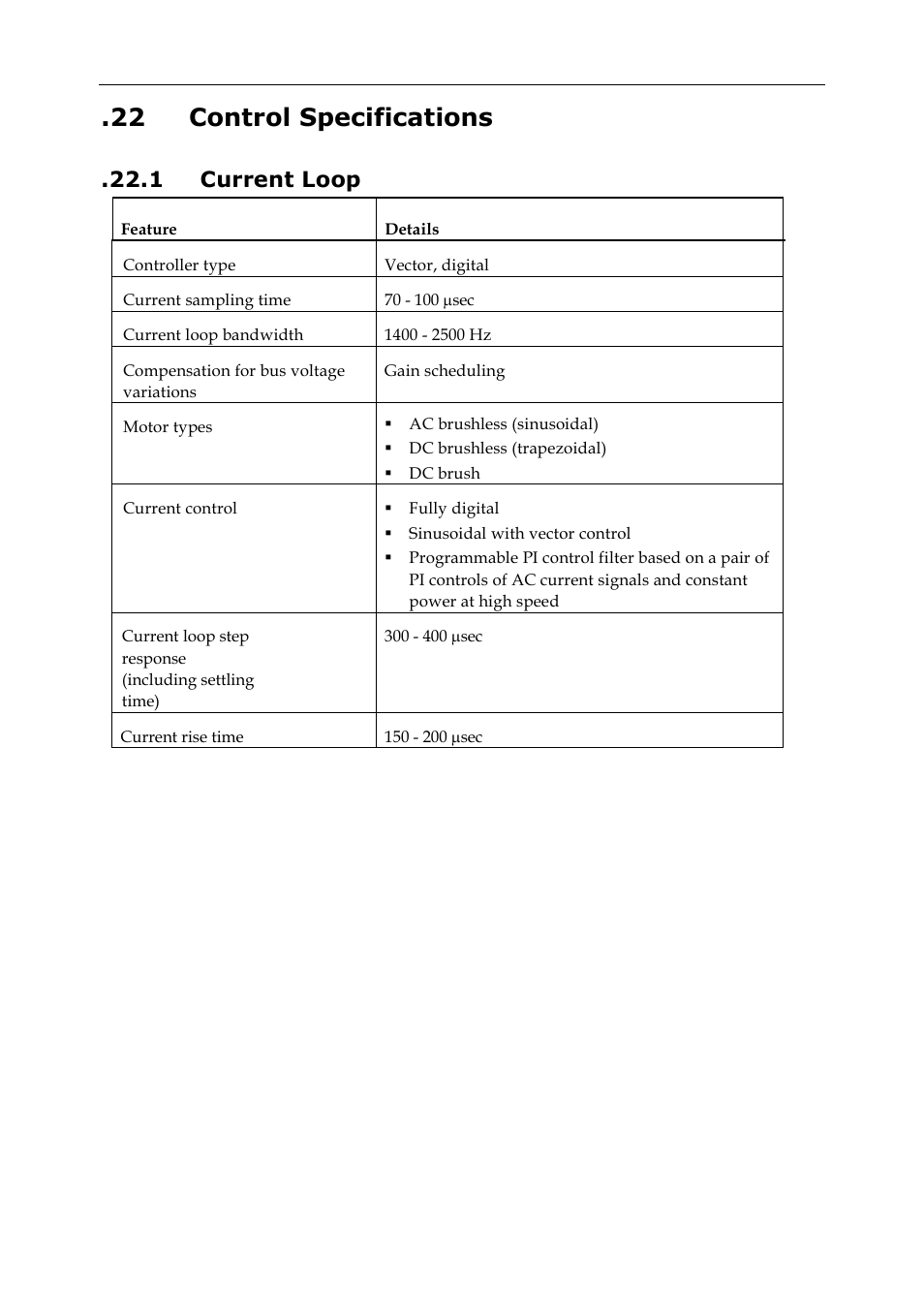 22 control specifications, 1 current loop | ElmoMC SimplIQ Digital Servo Drives-Whi-Trio Installation Guide User Manual | Page 46 / 62