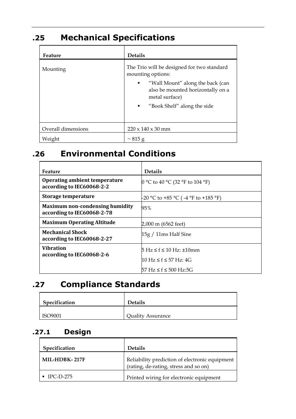 25 mechanical specifications, 26 environmental conditions, 27 compliance standards | 1 design, Mechanical specifications, Environmental conditions, Compliance standards, Design | ElmoMC SimplIQ Digital Servo Drives-Whi-Trio Installation Guide User Manual | Page 53 / 62