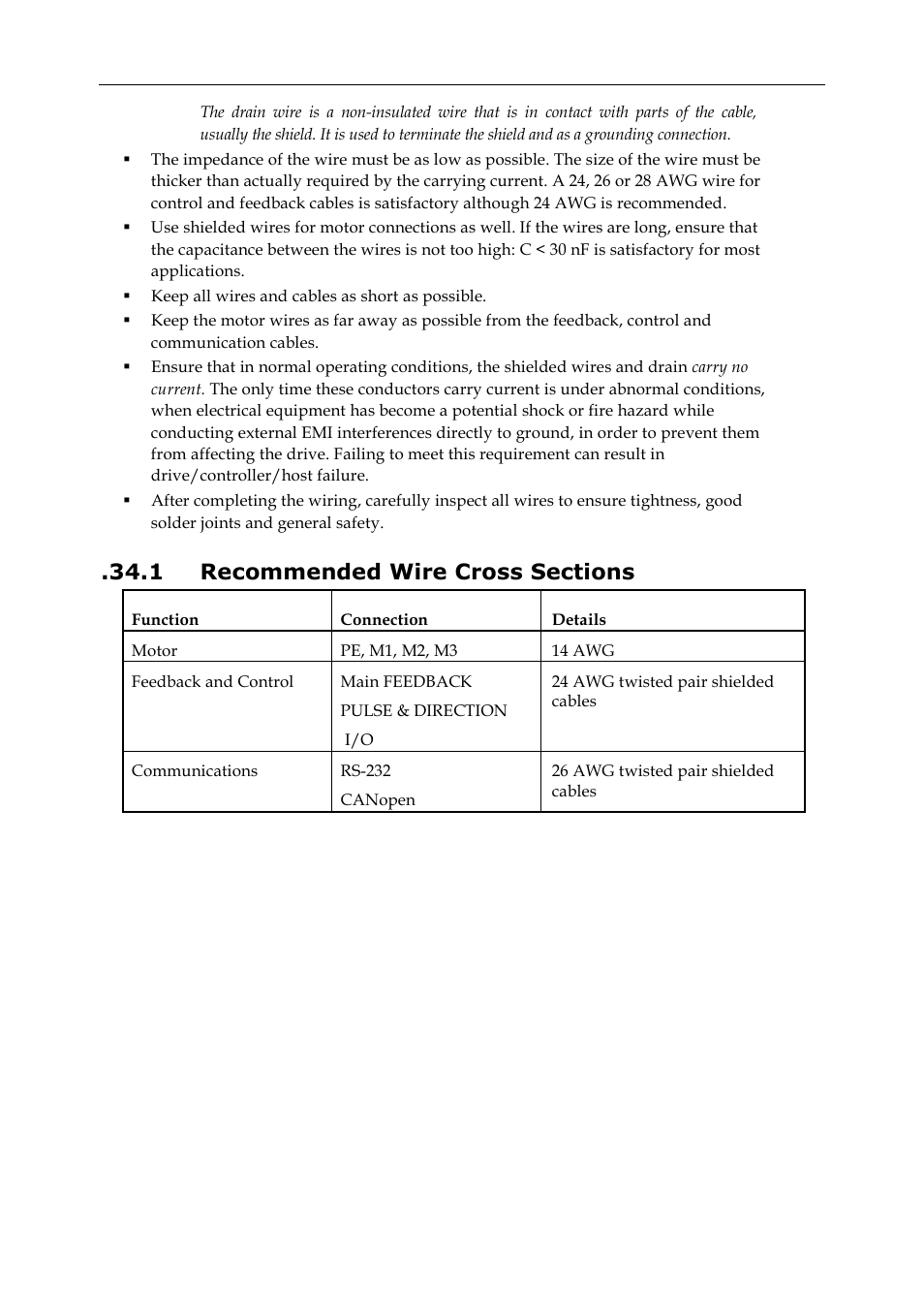 1 recommended wire cross sections | ElmoMC SimplIQ Digital Servo Drives-Whi-Trio Installation Guide User Manual | Page 62 / 62