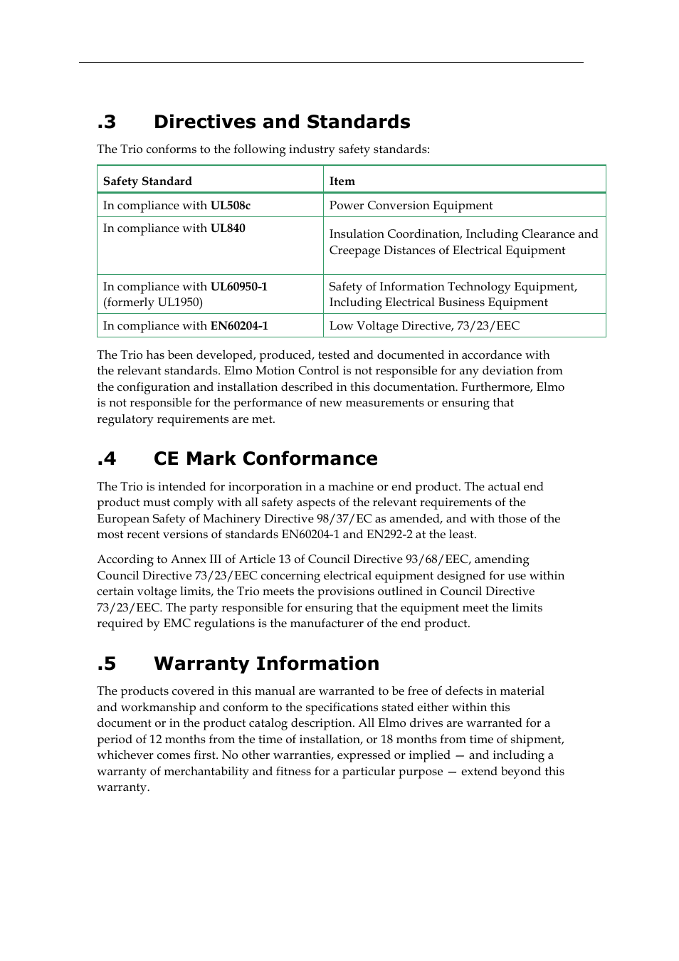 3 directives and standards, 4 ce mark conformance, 5 warranty information | Directives and standards, Ce mark conformance, Warranty information | ElmoMC SimplIQ Digital Servo Drives-Whi-Trio Installation Guide User Manual | Page 8 / 62