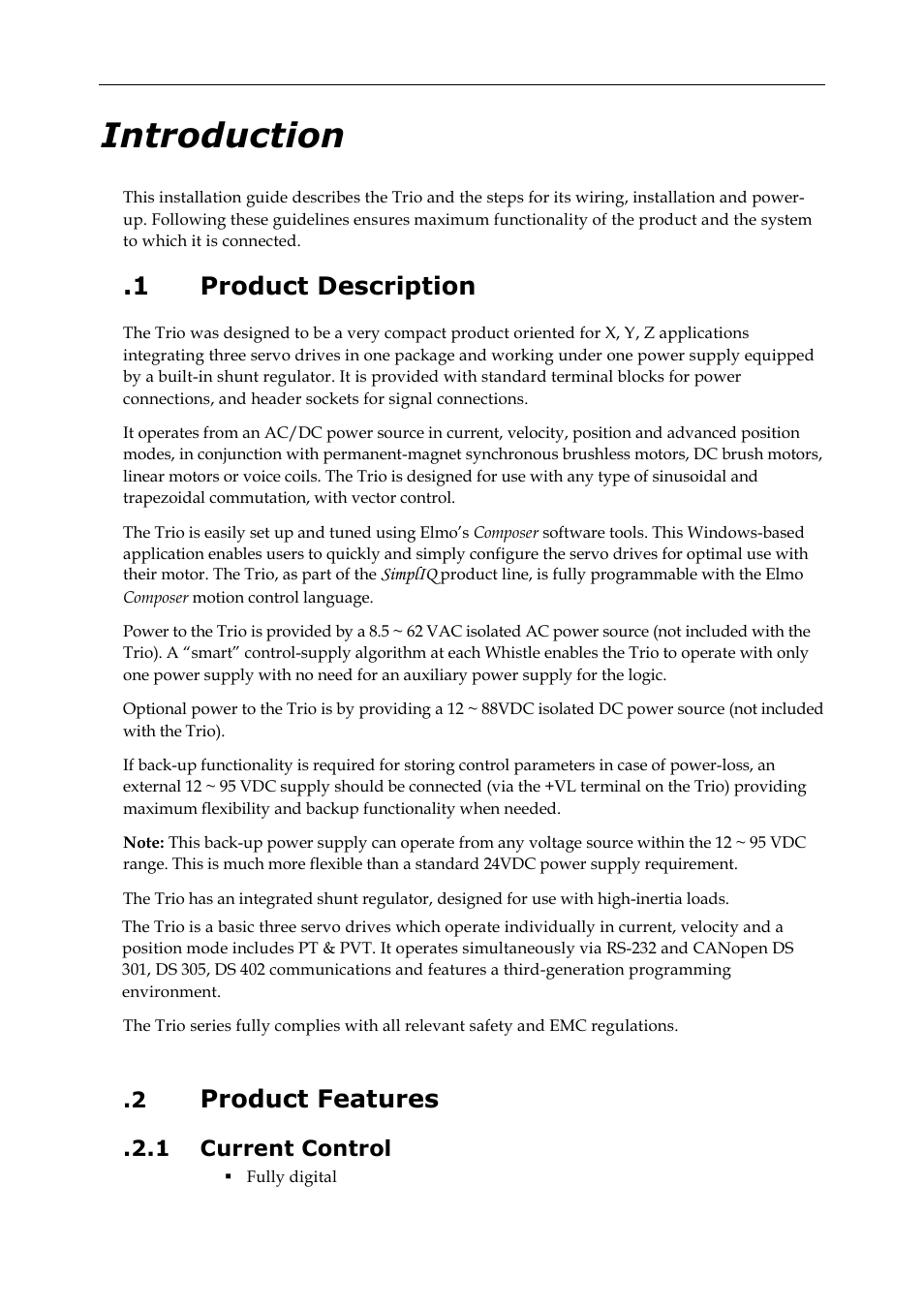 Introduction, 1 product description, 2 product features | 1 current control, Product features | ElmoMC SimplIQ Digital Servo Drives-Whi-Trio Installation Guide User Manual | Page 9 / 62