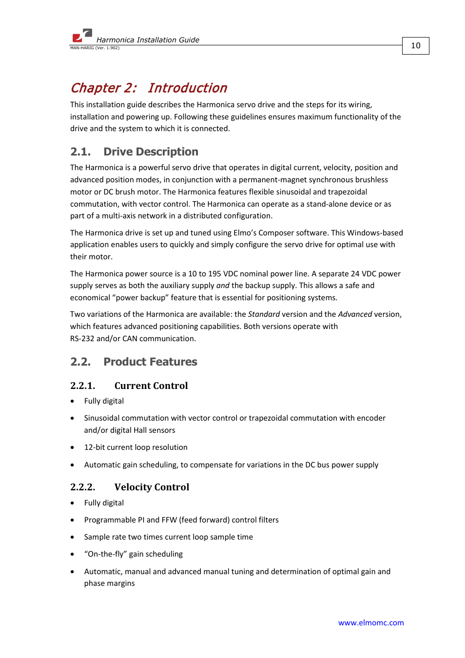 Chapter 2: introduction, Drive description, Product features | Current control, Velocity control, Chapter 2, Introduction, Drive description 2.2. product features, Current control 2.2.2. velocity control | ElmoMC SimplIQ Digital Servo Drives-Harmonica Installation Guide User Manual | Page 10 / 66