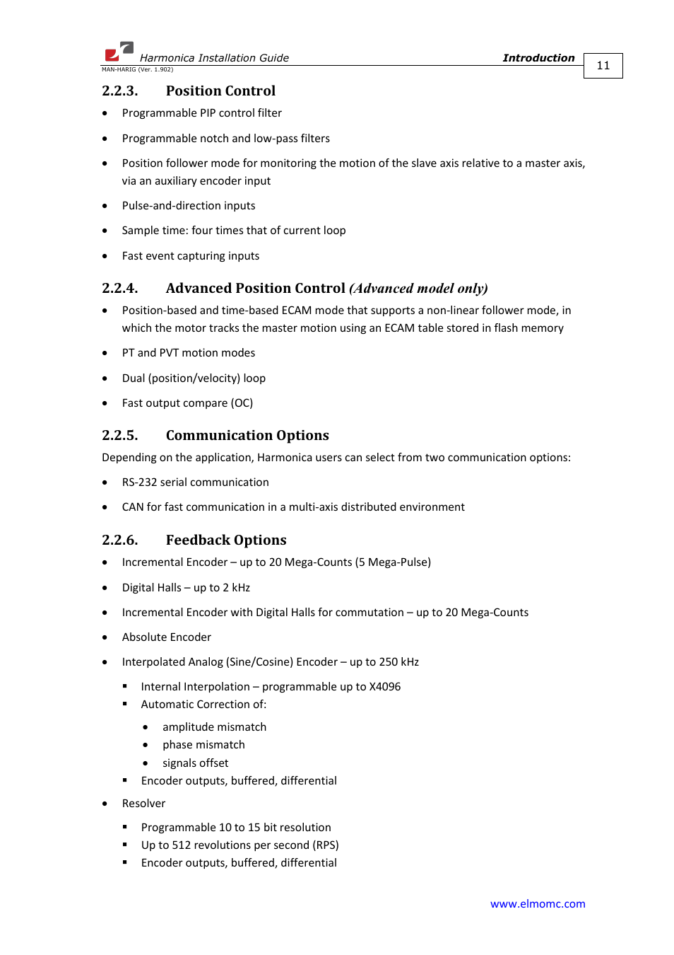 Position control, Advanced position control (advanced model only), Communication options | Feedback options | ElmoMC SimplIQ Digital Servo Drives-Harmonica Installation Guide User Manual | Page 11 / 66