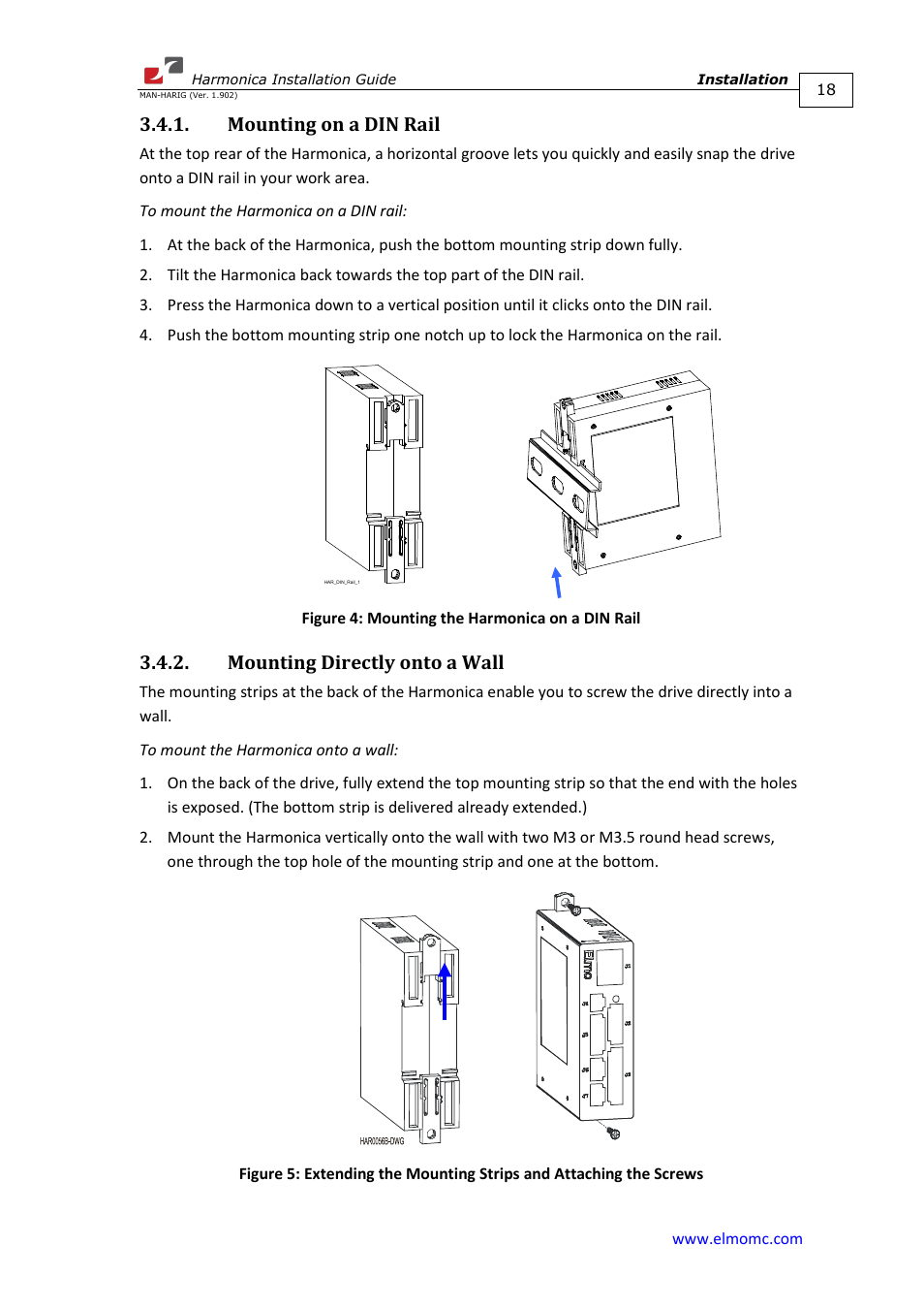 Mounting on a din rail, Mounting directly onto a wall | ElmoMC SimplIQ Digital Servo Drives-Harmonica Installation Guide User Manual | Page 18 / 66