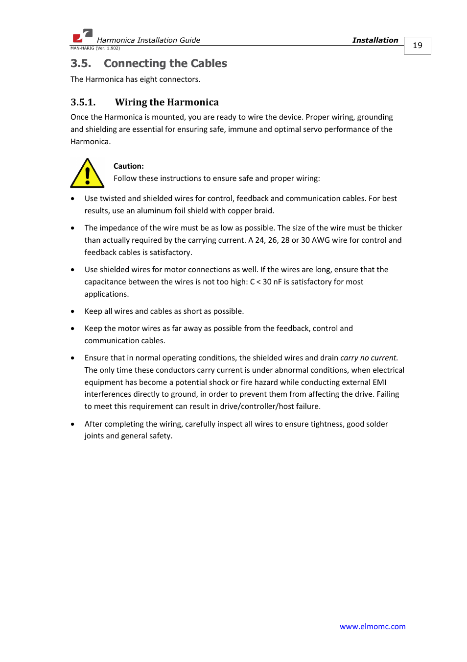 Connecting the cables, Wiring the harmonica | ElmoMC SimplIQ Digital Servo Drives-Harmonica Installation Guide User Manual | Page 19 / 66