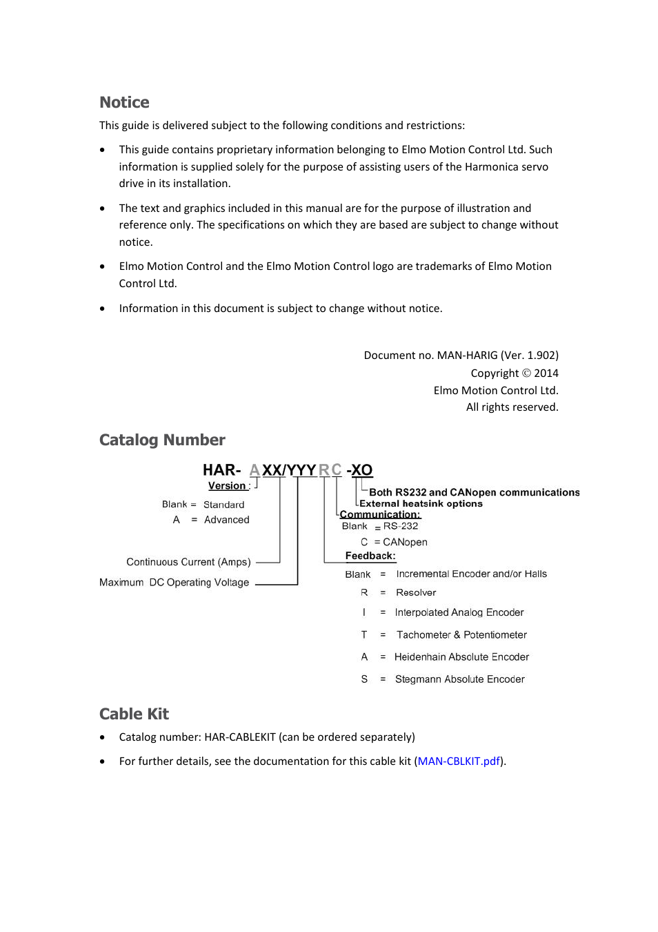 Notice, Catalog number, Cable kit | ElmoMC SimplIQ Digital Servo Drives-Harmonica Installation Guide User Manual | Page 2 / 66