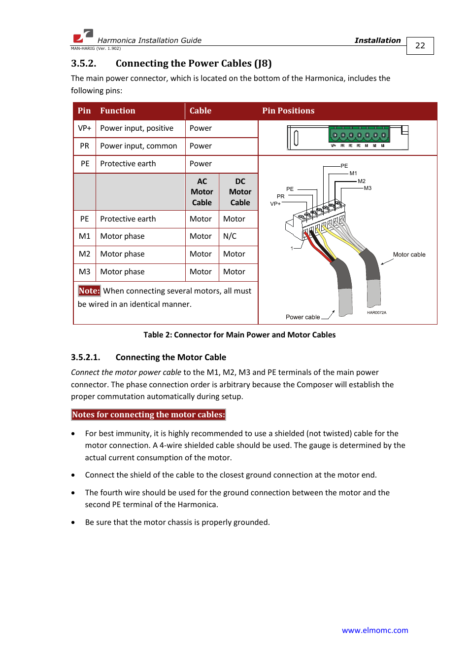 Connecting the power cables (j8), Connecting the motor cable | ElmoMC SimplIQ Digital Servo Drives-Harmonica Installation Guide User Manual | Page 22 / 66