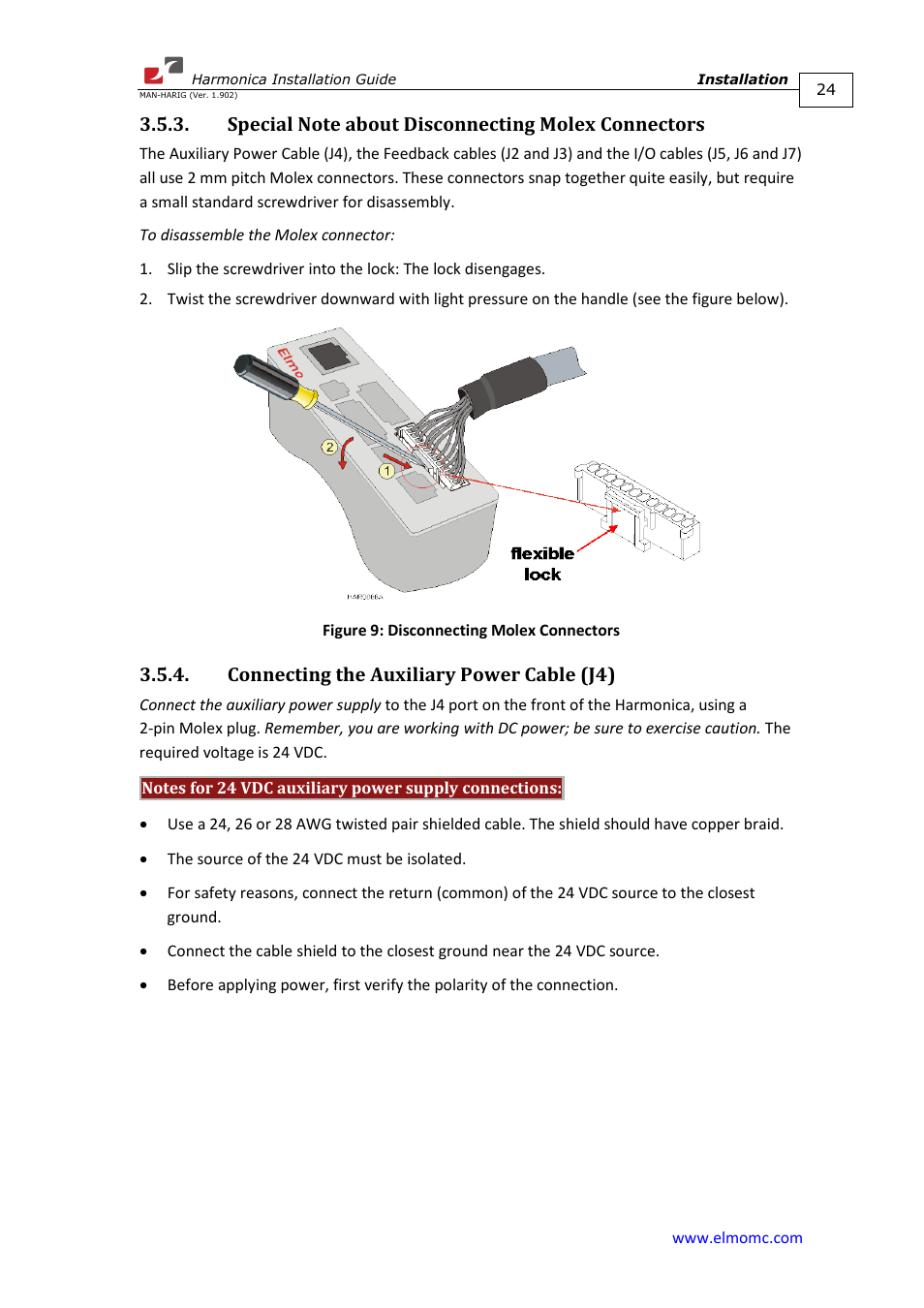 Special note about disconnecting molex connectors, Connecting the auxiliary power cable (j4) | ElmoMC SimplIQ Digital Servo Drives-Harmonica Installation Guide User Manual | Page 24 / 66