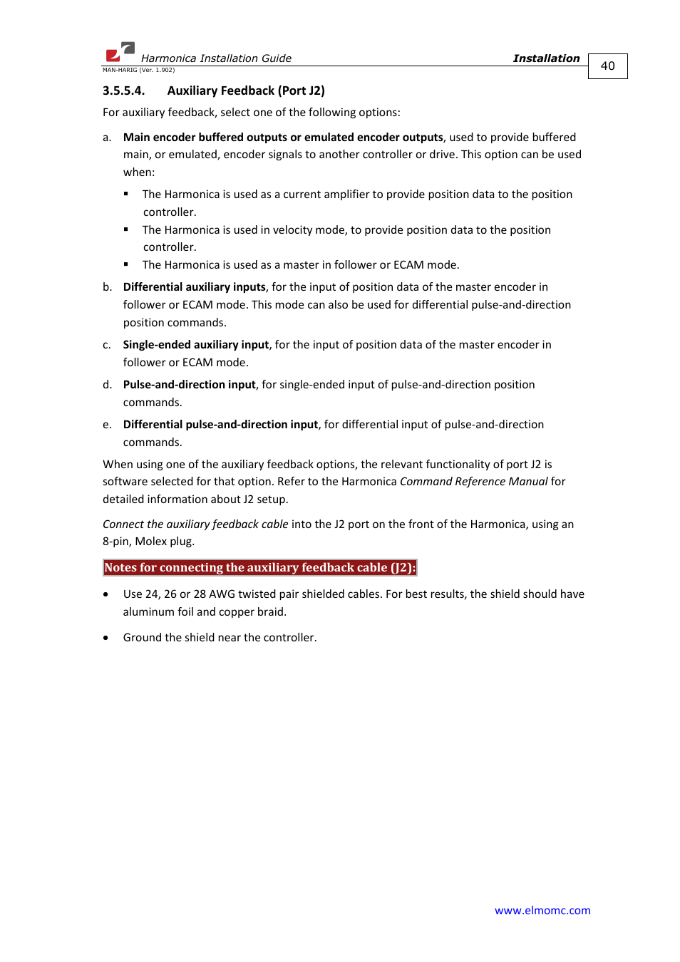 Auxiliary feedback (port j2) | ElmoMC SimplIQ Digital Servo Drives-Harmonica Installation Guide User Manual | Page 40 / 66