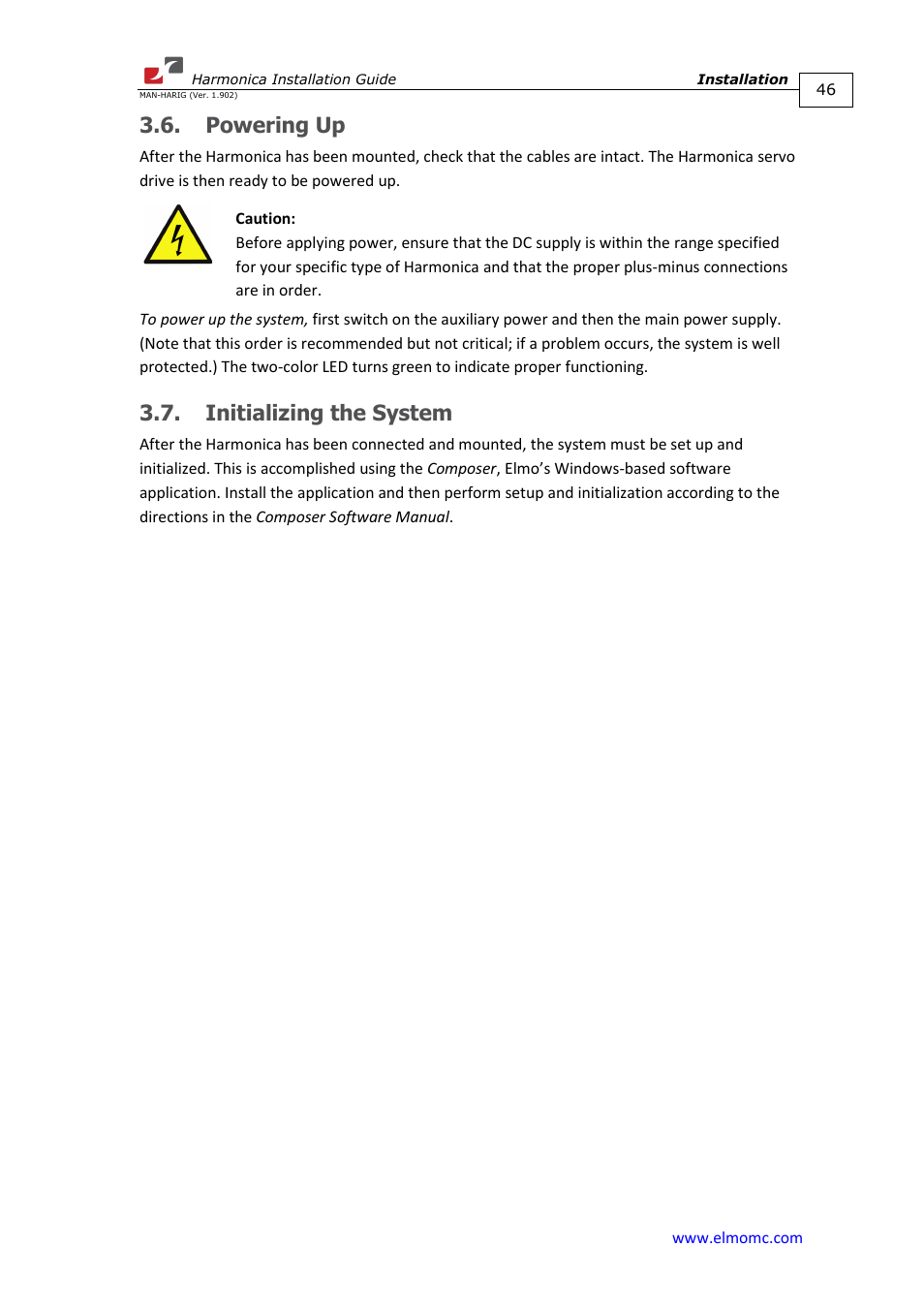 Powering up, Initializing the system, Powering up 3.7. initializing the system | ElmoMC SimplIQ Digital Servo Drives-Harmonica Installation Guide User Manual | Page 46 / 66